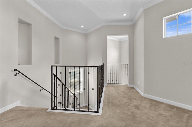 hallway with light colored carpet, a healthy amount of sunlight, and crown molding