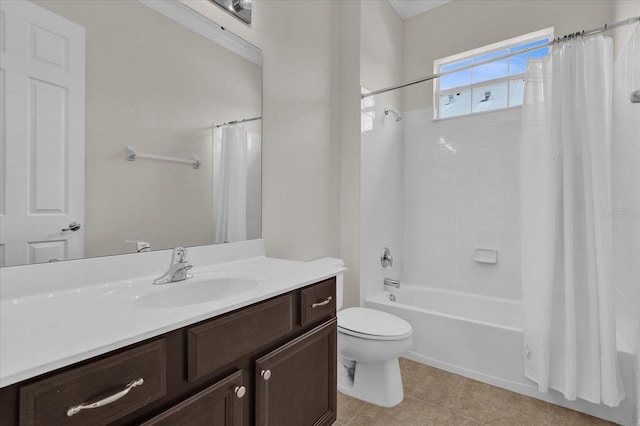 full bathroom with tile patterned flooring, shower / bath combo, vanity, and toilet