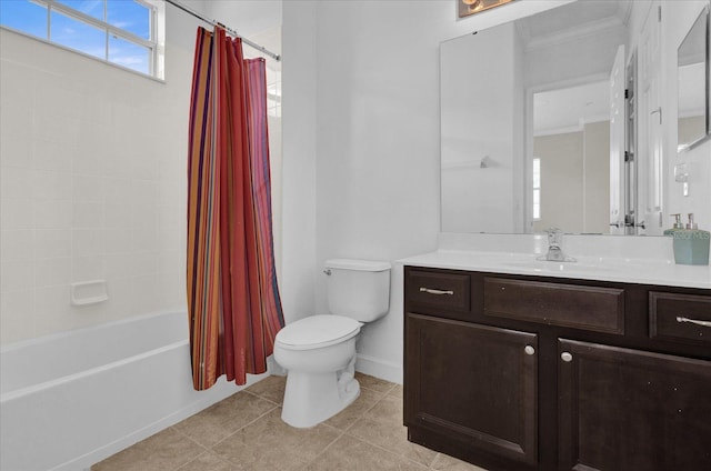 full bathroom featuring vanity, crown molding, shower / tub combo with curtain, toilet, and tile patterned floors