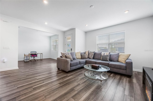 living room with dark wood-type flooring