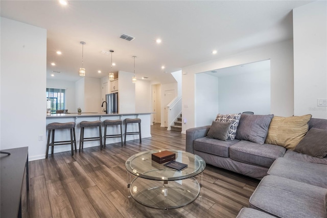 living room featuring sink and dark wood-type flooring