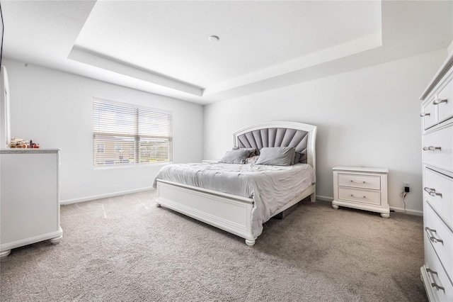 carpeted bedroom featuring a raised ceiling