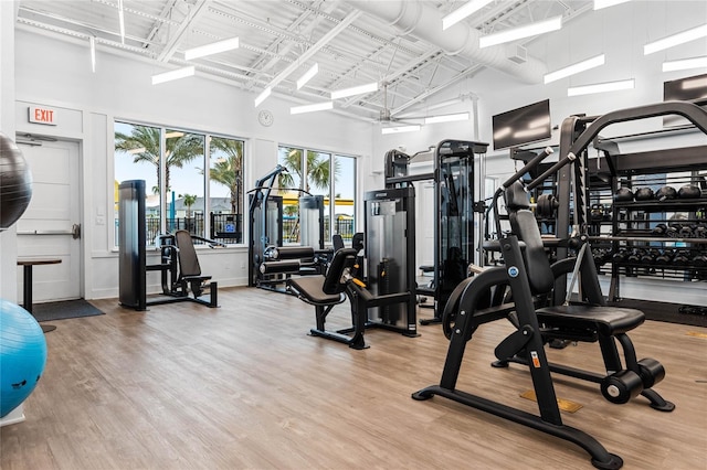 exercise room with a high ceiling and light wood-type flooring