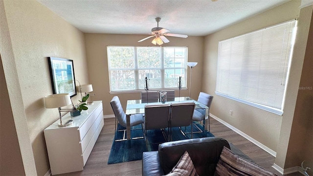 dining area featuring a textured ceiling, wood-type flooring, and ceiling fan