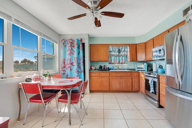 kitchen with brown cabinetry, visible vents, a sink, a ceiling fan, and appliances with stainless steel finishes