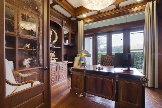 office with dark wood-type flooring, french doors, ornamental molding, and an inviting chandelier