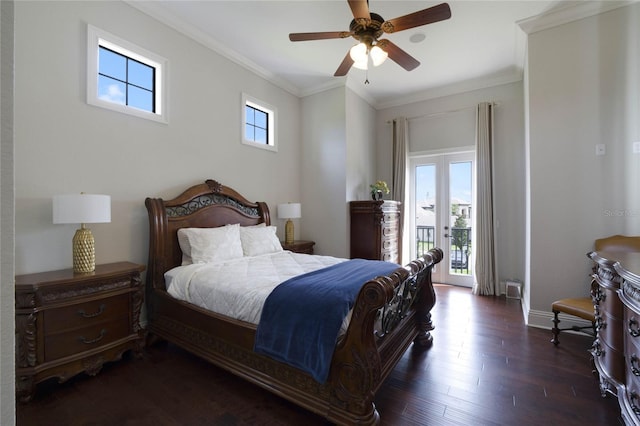 bedroom featuring ceiling fan, crown molding, access to exterior, dark hardwood / wood-style flooring, and french doors