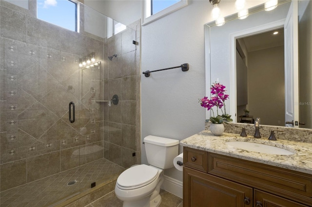 bathroom with vanity, toilet, a shower with door, and a healthy amount of sunlight