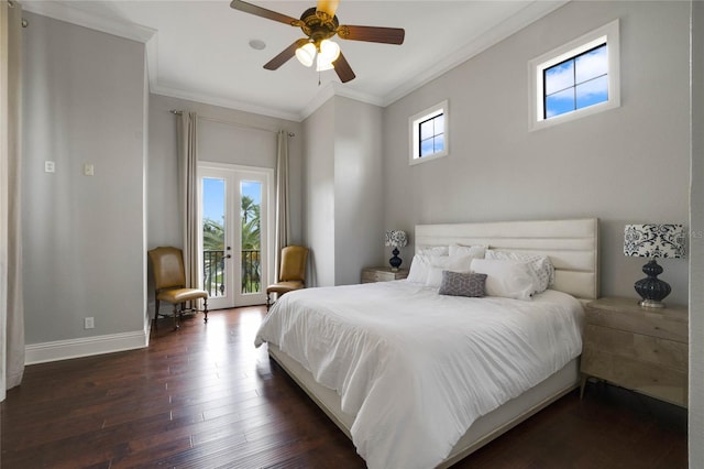 bedroom featuring ceiling fan, french doors, dark wood-type flooring, crown molding, and access to exterior