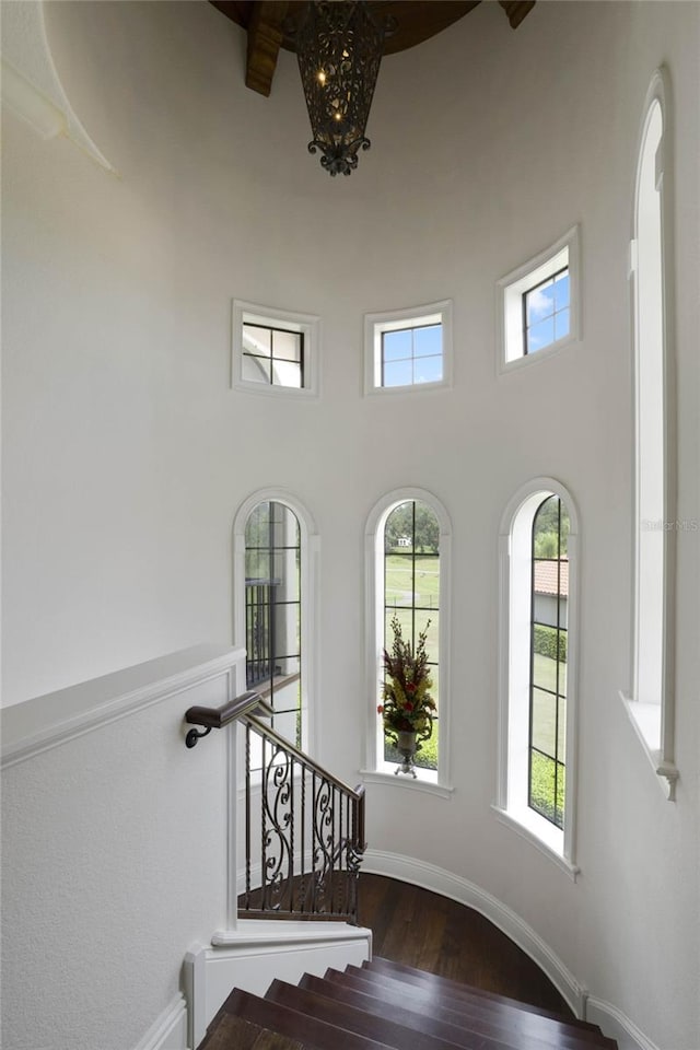 stairs featuring hardwood / wood-style flooring and a towering ceiling