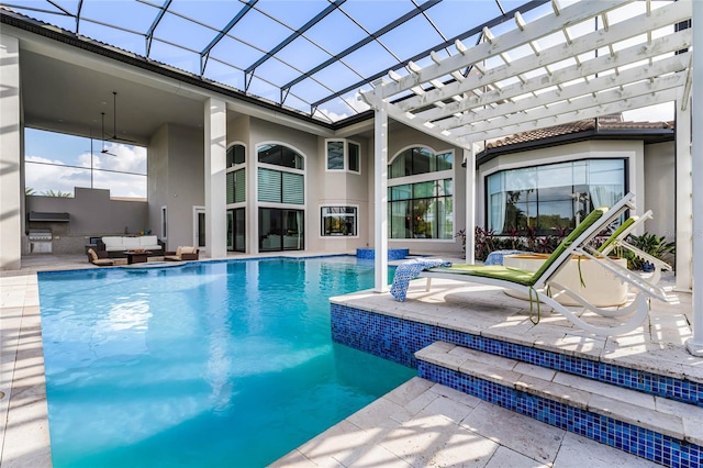 view of pool with a pergola, an outdoor living space, and a patio area