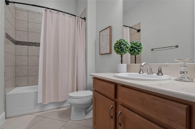 full bathroom with vanity, toilet, shower / bath combination with curtain, and tile patterned flooring