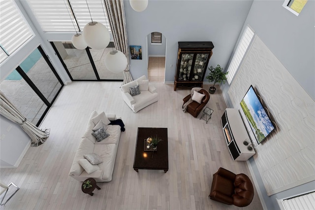 living room with a healthy amount of sunlight, wood-type flooring, and a high ceiling