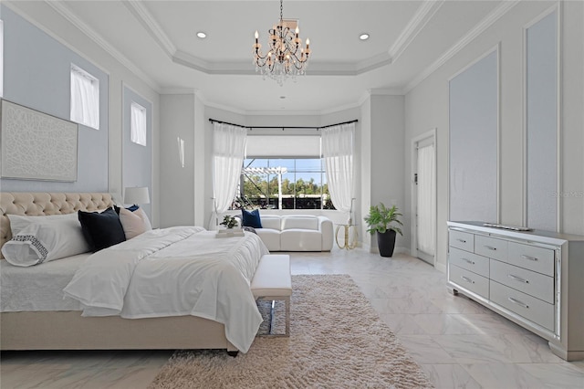 bedroom featuring a tray ceiling, ornamental molding, and an inviting chandelier