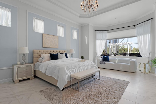 bedroom with ornamental molding and an inviting chandelier