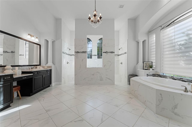 bathroom featuring vanity, shower with separate bathtub, a notable chandelier, and a healthy amount of sunlight