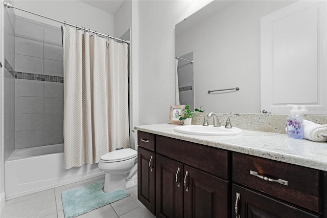 full bathroom featuring vanity, shower / bath combination with curtain, toilet, and tile patterned flooring