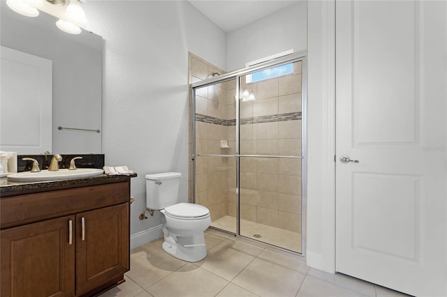 bathroom featuring vanity, toilet, tile patterned floors, and an enclosed shower