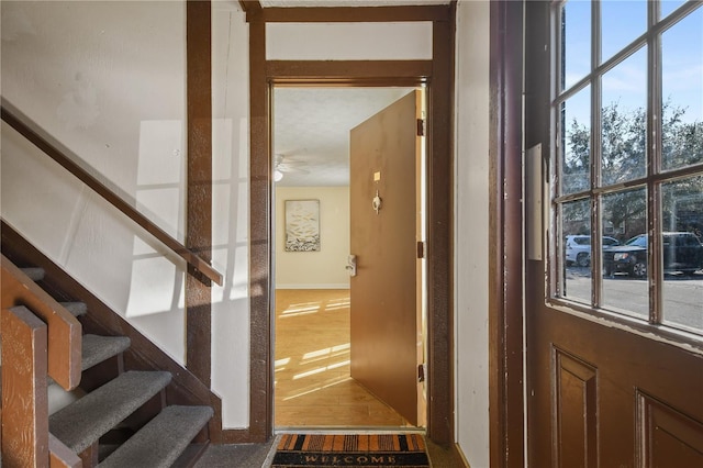 interior space with a ceiling fan, baseboards, a healthy amount of sunlight, and wood finished floors