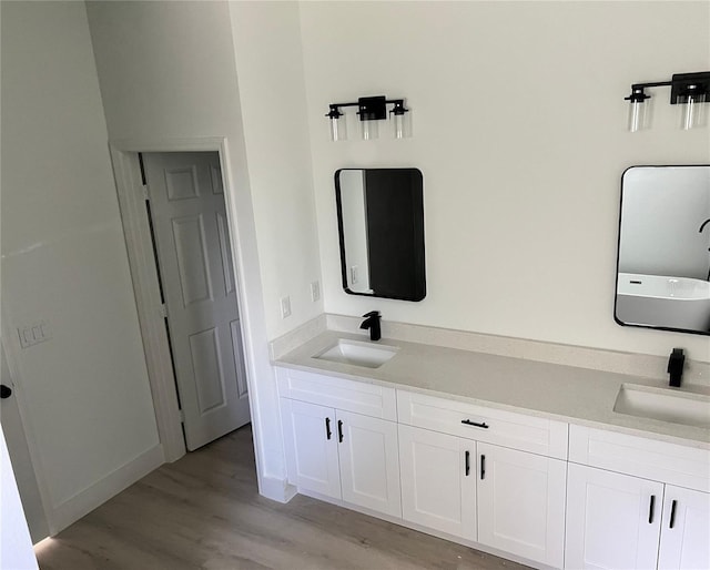 bathroom with hardwood / wood-style flooring and vanity