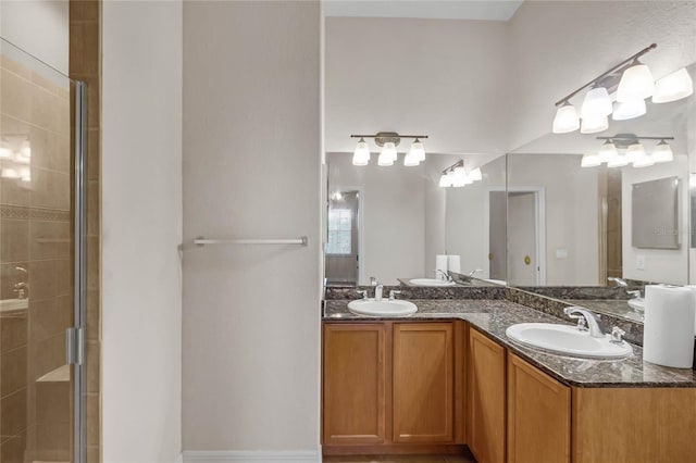 bathroom featuring vanity and an enclosed shower