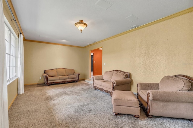 carpeted living room featuring ornamental molding and a healthy amount of sunlight