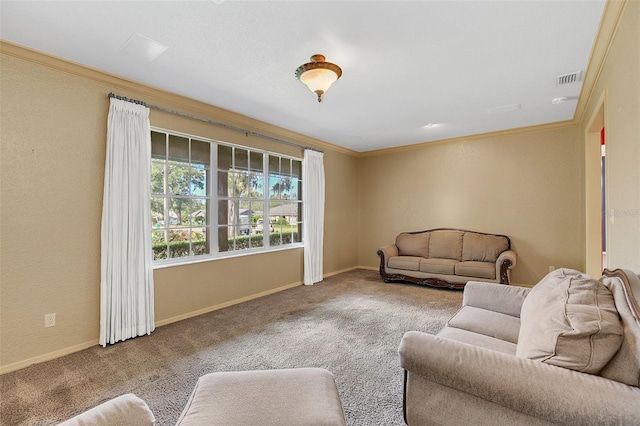 carpeted living room featuring ornamental molding