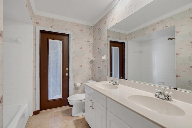 full bathroom with tile patterned floors, toilet, ornamental molding, tiled shower / bath combo, and vanity