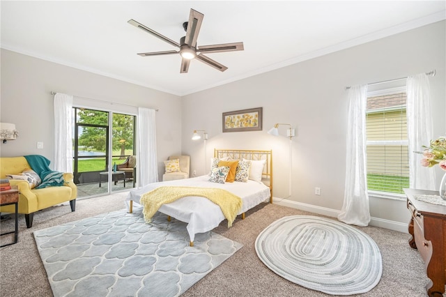 carpeted bedroom with ornamental molding, ceiling fan, and access to outside