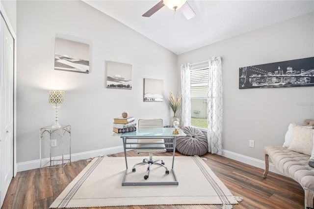 office area featuring ceiling fan, lofted ceiling, and dark hardwood / wood-style floors