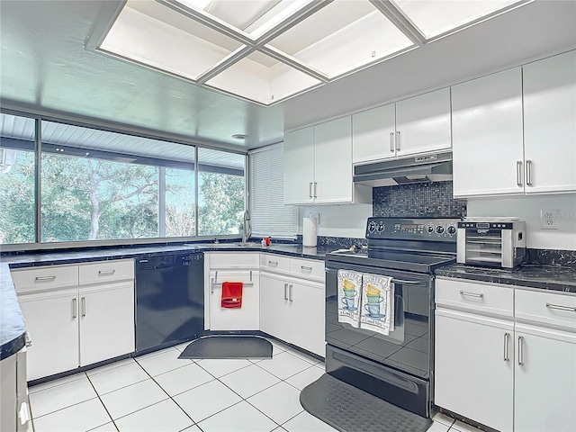 kitchen with white cabinetry, dishwasher, backsplash, and electric range oven