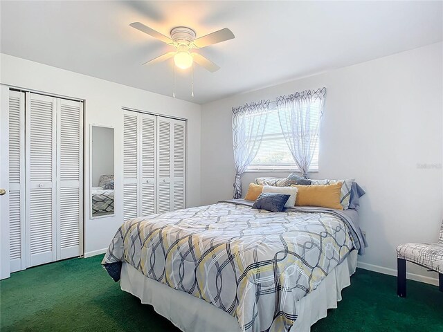 2281 E Union Cir, Deltona, FL 32725 - bedroom featuring baseboards, a ceiling fan, carpet floors, and multiple closets