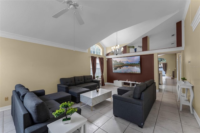 tiled living room featuring ceiling fan with notable chandelier, crown molding, and high vaulted ceiling