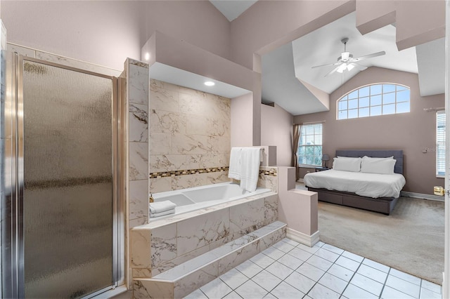 bathroom featuring ceiling fan, tile patterned flooring, separate shower and tub, and lofted ceiling