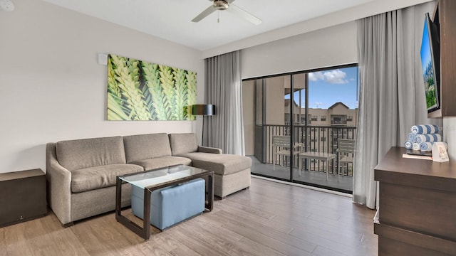 living room featuring light hardwood / wood-style floors and ceiling fan