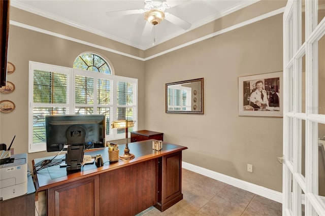 tiled office space featuring french doors, ceiling fan, and ornamental molding