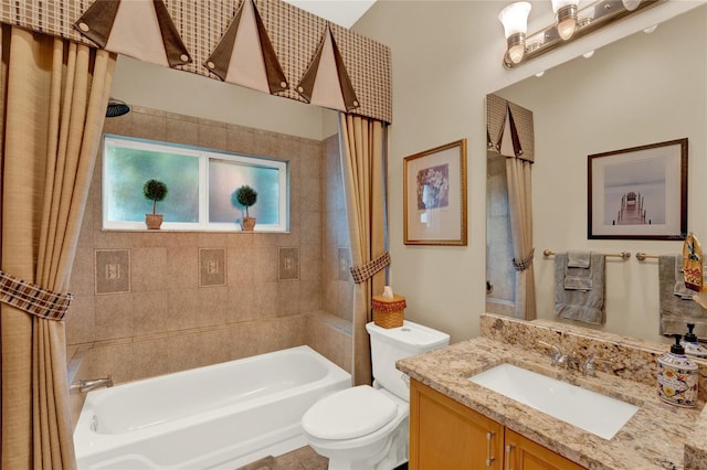 full bathroom featuring vanity, toilet, and shower / bathtub combination with curtain