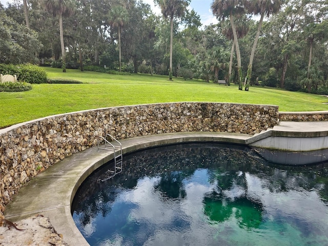 view of swimming pool featuring a lawn