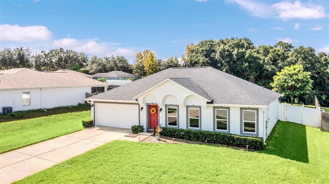 single story home with central AC, a garage, and a front lawn