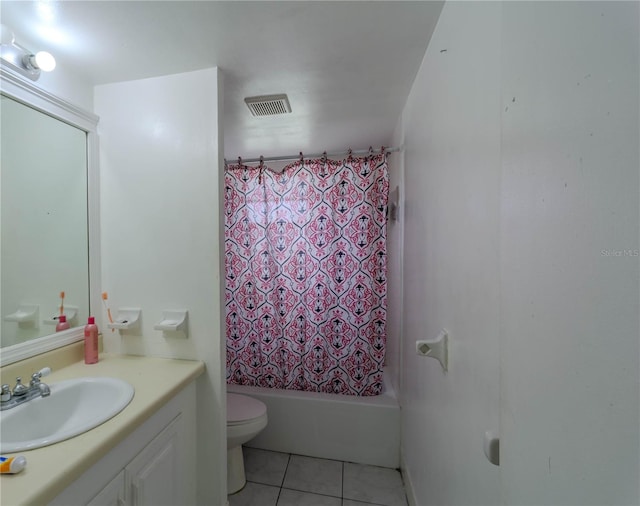 full bathroom with vanity, toilet, shower / bathtub combination with curtain, and tile patterned floors