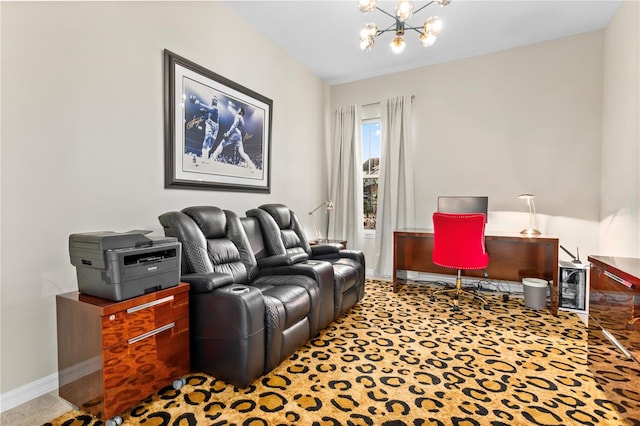 carpeted living room with a notable chandelier