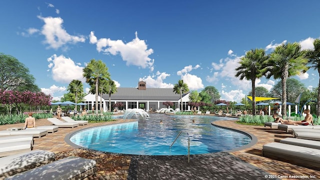 view of swimming pool featuring a patio and pool water feature