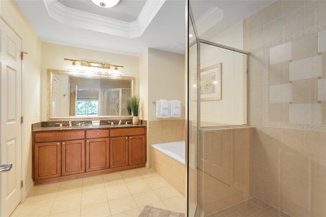 bathroom featuring ornamental molding, tile patterned flooring, vanity, and separate shower and tub