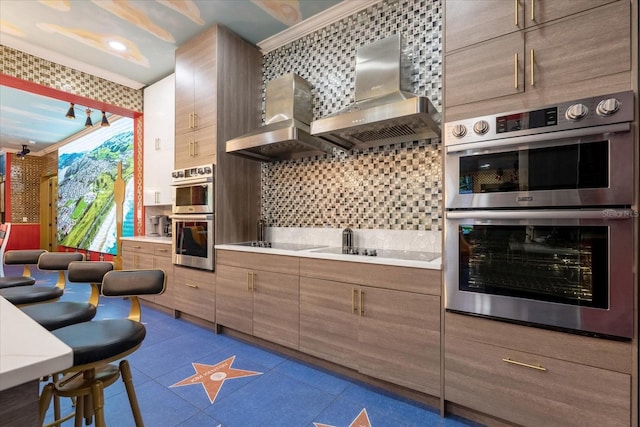 1021 Fantasy Dr, Davenport, FL 33896 - kitchen featuring stainless steel double oven, wall chimney exhaust hood, exhaust hood, light countertops, and ornamental molding