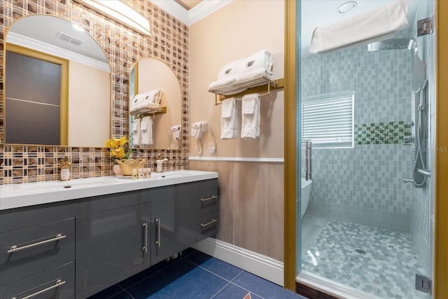 1021 Fantasy Dr, Davenport, FL 33896 - bathroom with double vanity, ornamental molding, tile patterned flooring, and tiled shower