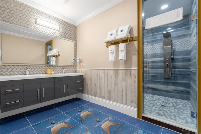 1021 Fantasy Dr, Davenport, FL 33896 - bathroom featuring double vanity, ornamental molding, a shower stall, a wainscoted wall, and tile patterned flooring