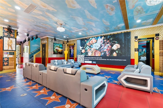 1021 Fantasy Dr, Davenport, FL 33896 - home theater with wallpapered walls, crown molding, tile patterned floors, and recessed lighting