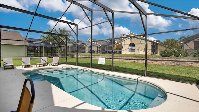 view of pool featuring a lanai, a patio area, and a yard