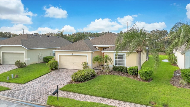 ranch-style house with a garage and a front yard