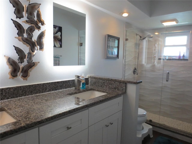 bathroom featuring vanity, toilet, and an enclosed shower